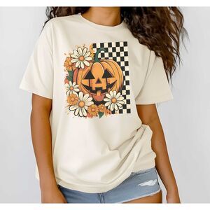 Checkered Pumpkin Floral Fall Graphic Tee –Jack O’Lantern Daisy Halloween Shirt